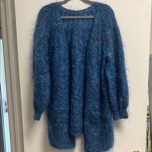 Vintage Blue Mohair Hand Knit Relaxed Open Cardigan Pockets Free Size